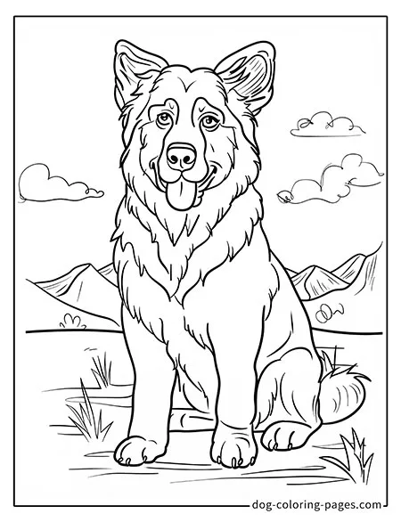 German Shepherd dog coloring page - German Shepherd sitting on a mountain top 2901