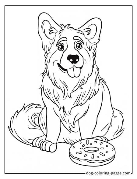 German Shepherd dog coloring page - German Shepherd holding a donut 3201