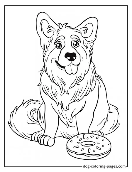 German Shepherd dog coloring page - German Shepherd holding a donut 3201