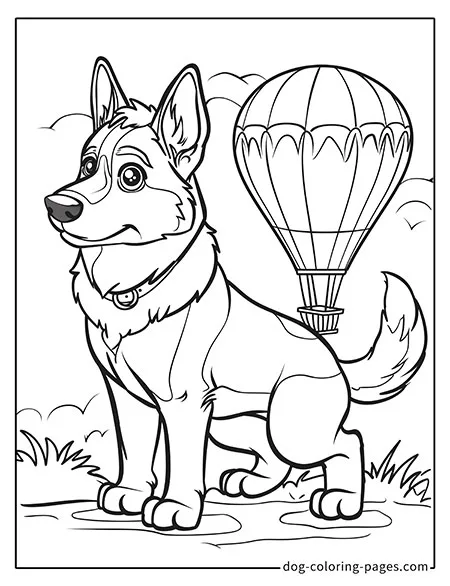 German Shepherd dog coloring page - German Shepherd with a hot air balloon 3401