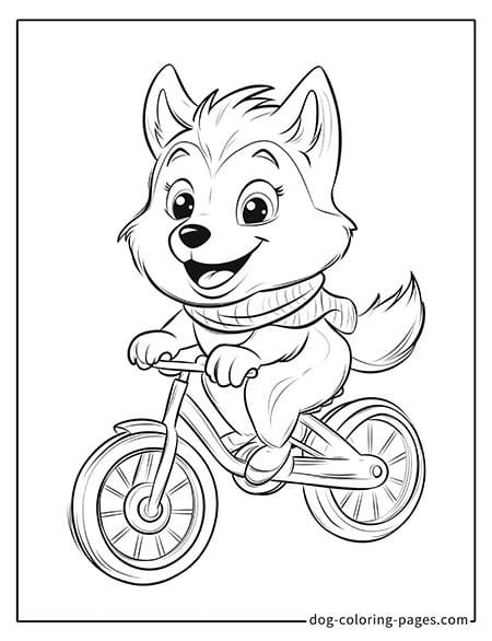 Husky dog coloring page - Husky riding a bicycle 1501