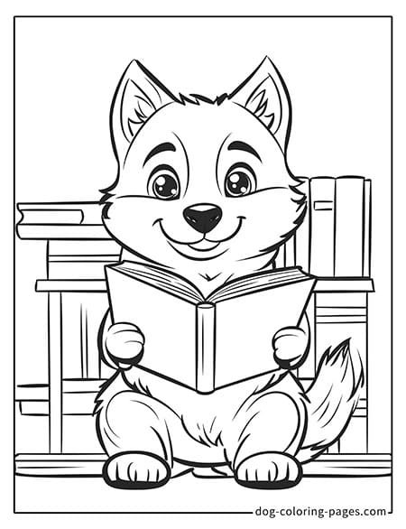 Husky dog coloring page - Husky reading a book 16