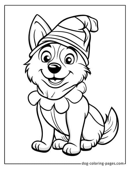 Husky dog coloring page - Husky wearing a Christmas hat 2401