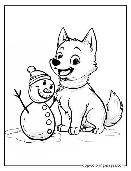 Husky dog coloring page - Husky building a snowman 2901