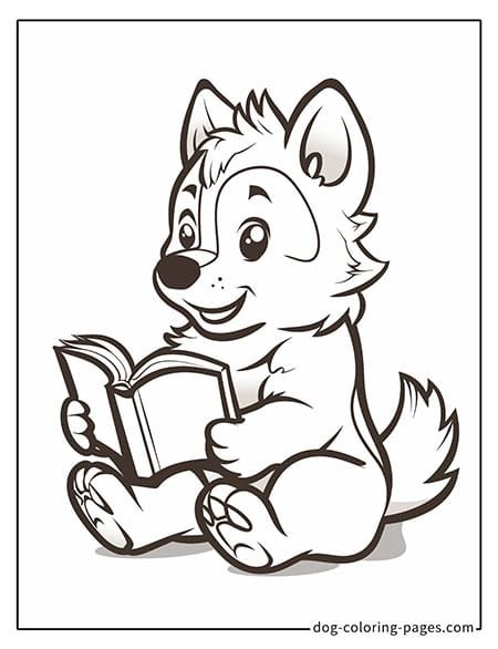 Husky dog coloring page - Husky reading a book 3601