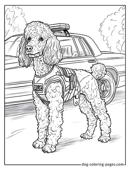 police dog coloring page standing next to a patrol car 04