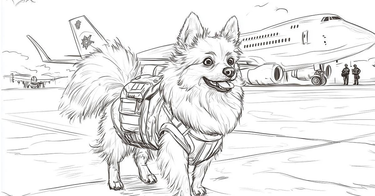 police dog coloring page standing beside a large airplane 1301