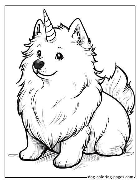 Unicorn dog coloring page featuring a fun dog with a unicorn horn, suitable for children to color! 01