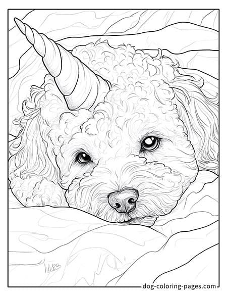 Lying on the bed under the covers unicorn dog coloring pages 04