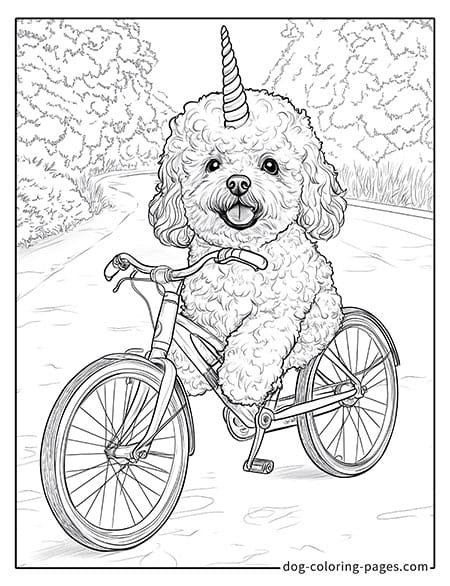 Disegni da colorare di cani unicorno stampabili con un cane che va in bicicletta 06