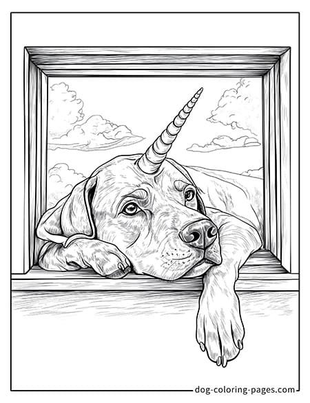 Fun unicorn dog coloring pages with windows and white clouds, perfect for bedtime coloring 07