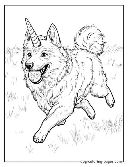 Magic unicorn dog coloring pages with toy ball in mouth and playful expression 08