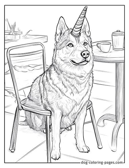 Unicorn dog coloring pages with Dog sitting on a stool 11