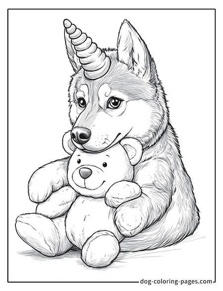 Whimsical unicorn dog coloring pages with Cute Bear Toys 12