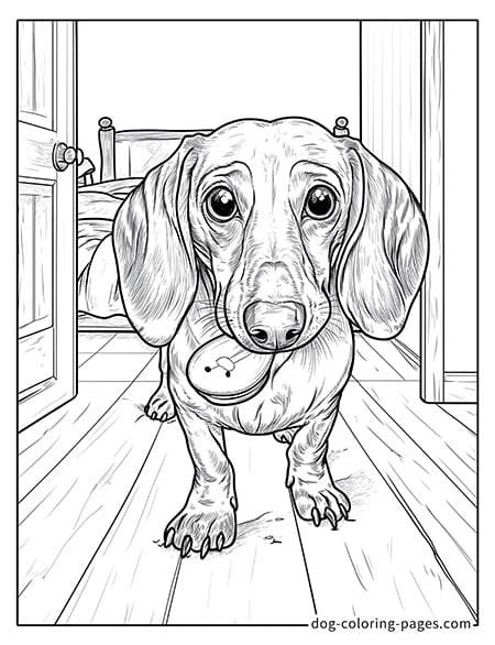 Dachshund Coloring Page holding a toy in its mouth