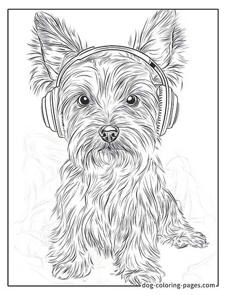 yorkie dog coloring pages wearing headphones listening to music 07