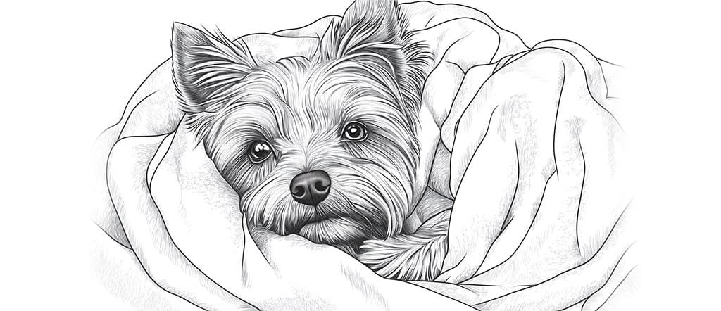 Yorkie cane sdraiato nel letto copre da colorare pagina 1301