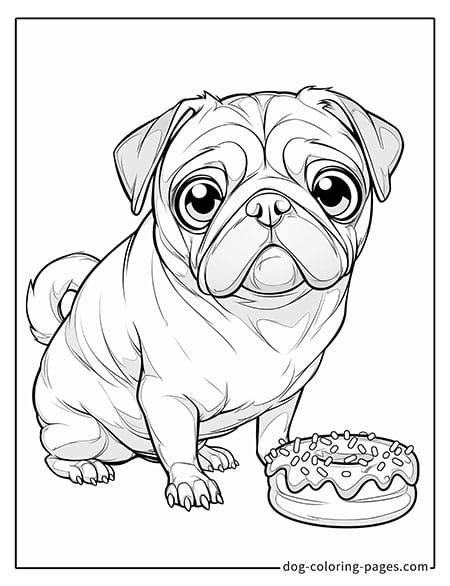 Pug coloring page - Pug sitting beside a donut 1401