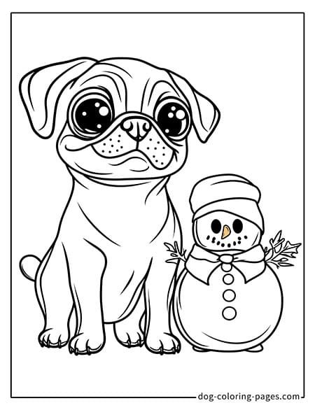 Pug coloring page - Pug with a snowman 1801