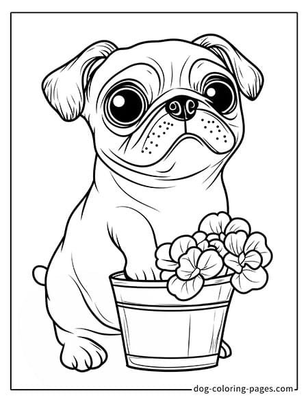 Pug coloring page - Pug sitting beside a flower pot 2001