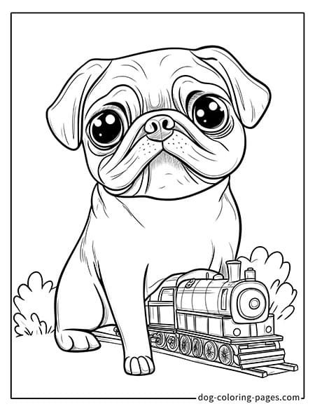 Pug coloring page - Pug beside a vintage train 2501