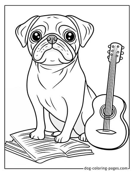 Pug coloring page - Pug playing guitar 2601