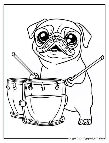 Pug coloring page - Pug playing the drums 3001