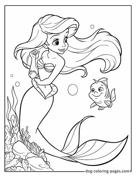 Ariel coloring pages with her friend flounder underwater 0404