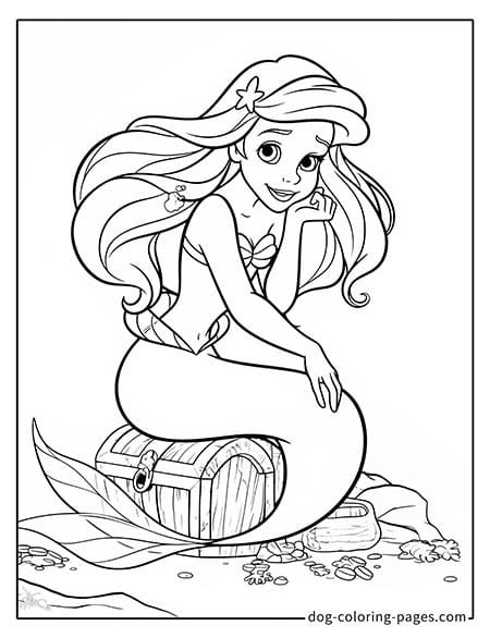 Ariel coloring pages sitting on a treasure chest 0606