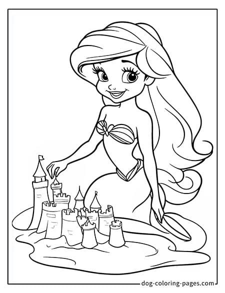 Ariel coloring pages building a sandcastle on the beach 2001