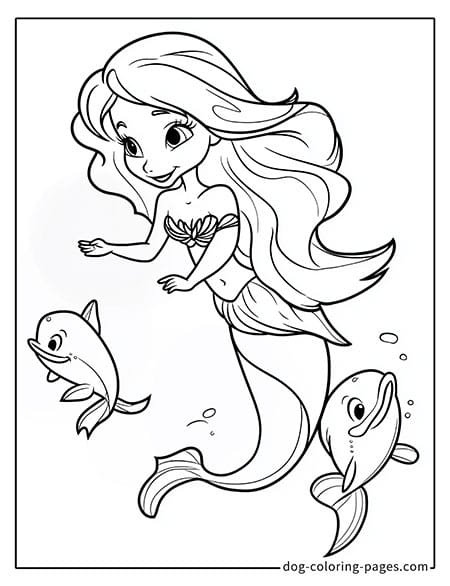 Ariel coloring pages playing with dolphins 2101