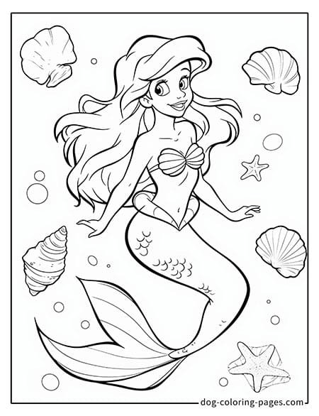 Ariel coloring pages surrounded by seashells 2301