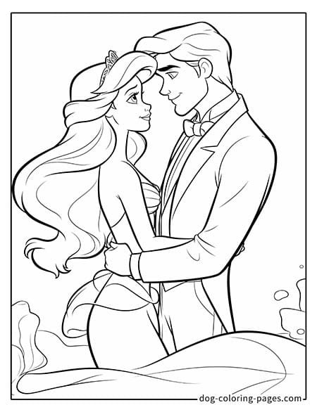 Ariel coloring pages standing with Prince Eric in wedding attire 2501