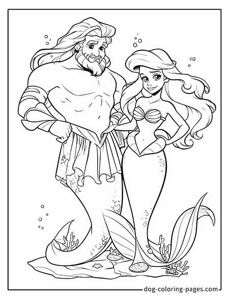 Ariel coloring pages standing with King Triton 3001