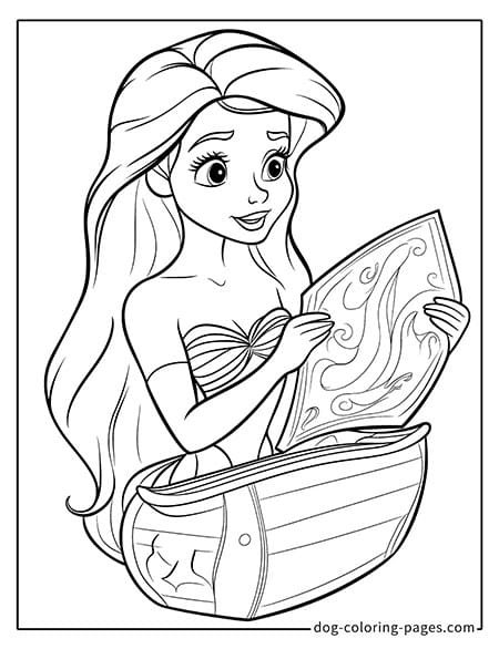 Ariel coloring pages looking at a treasure map 3601