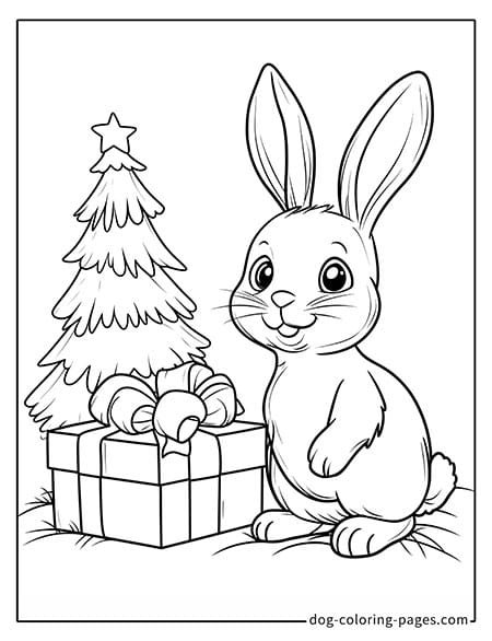 Bunny Coloring Page - Bunny with Christmas Gift Box 2301