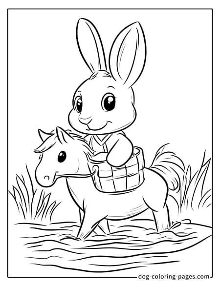 Bunny Coloring Page - Bunny Riding a Pony Across a River 2401