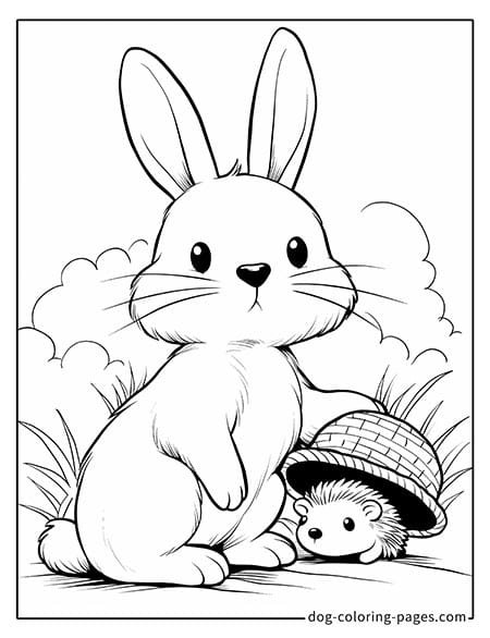 Bunny coloring page of a bunny playing with a hedgehog 4001