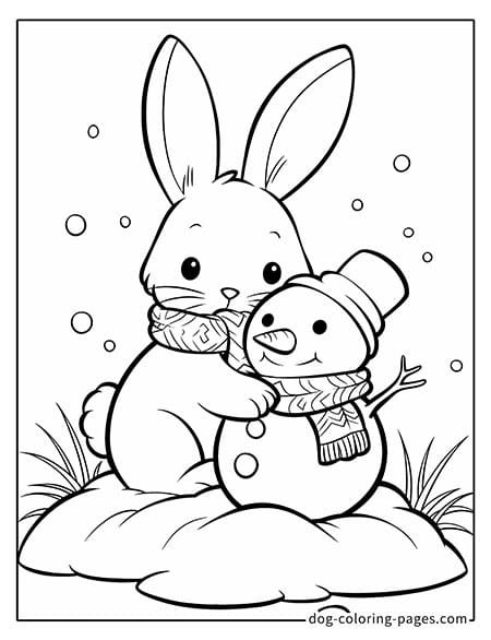 Bunny coloring page of a bunny building a snowman 4101