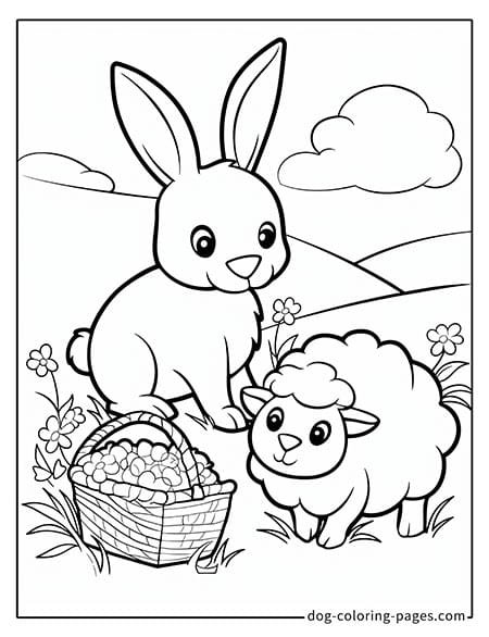 Bunny coloring page of a bunny and a sheep grazing together 4201