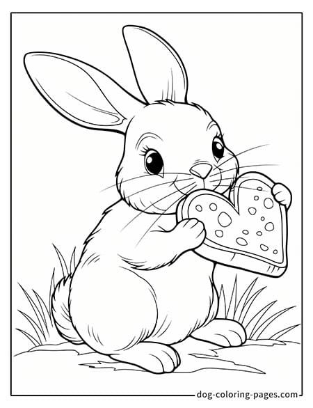 Bunny coloring page of a bunny eating a heart-shaped bread 6001