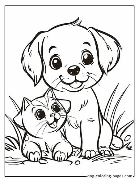 Puppy dog coloring pages - Puppy sitting with a kitten in the grass 0303