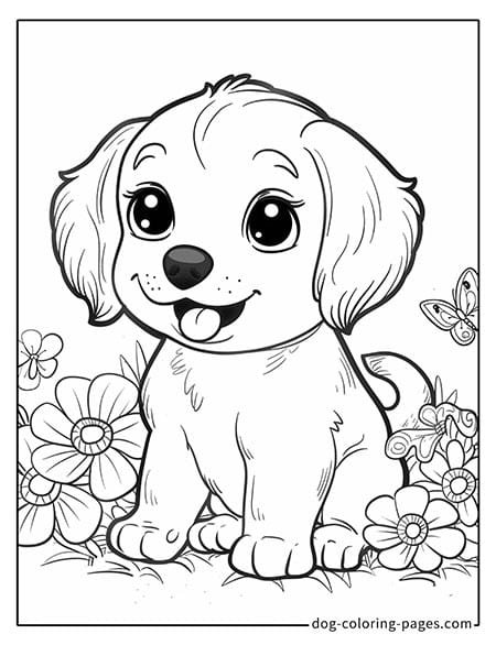 Puppy dog coloring pages - Puppy sitting in a flower garden 0404