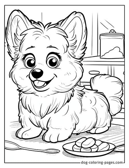 Puppy dog coloring pages - Puppy eating in the kitchen 0707