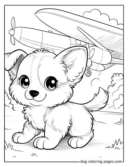 Puppy dog coloring pages - Puppy with airplane in the sky 1501