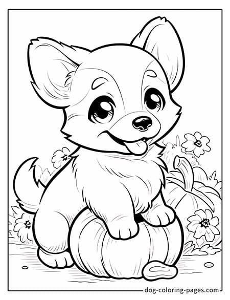 Puppy dog coloring pages - Puppy lying on a pumpkin 1601