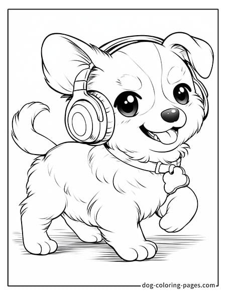 Puppy dog coloring pages - Puppy wearing headphones listening to music 1801