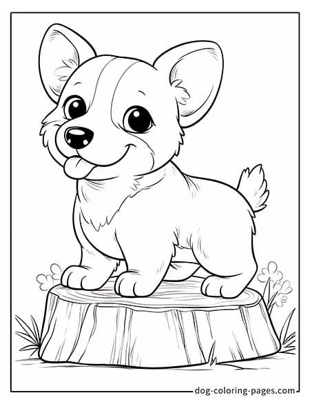 Puppy dog coloring pages - Puppy sitting on a stump 1901