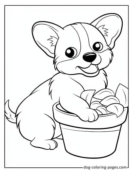 Puppy dog coloring pages - Puppy lying on a flower pot 2401