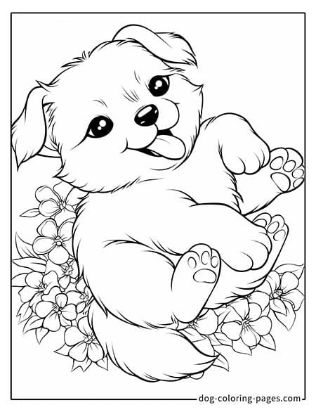 Puppy dog coloring pages - Puppy lying in flowers 2701